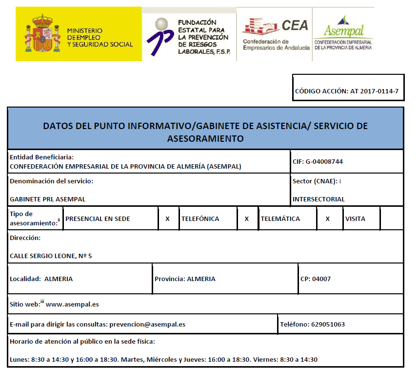 Descripción de la imagen: Andalucía  (Almeria) - DATOS DEL PUNTO INFORMATIVO/GABINETE DE ASISTENCIA/ SERVICIO DE ASESORAMIENTO